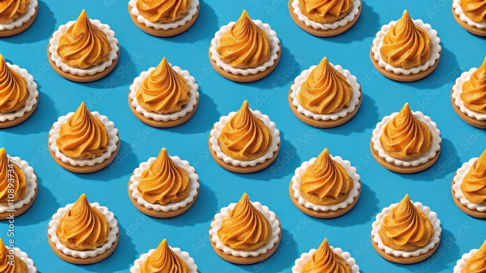 A repeated pattern of golden swirl cookies on a blue background with shadows. The cookies have a white trim and a golden center with a swirl of creamy filling. A repeated pattern of golden swirl cookies on a blue background with shadows. The cookies have a white trim and a golden center with a swirl of creamy filling.