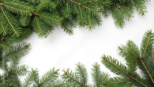 Dense fir branches with green needles scattered on a white background, Christmas ambiance, snowy, bare