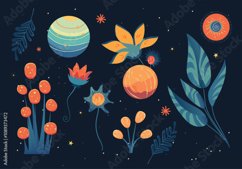 Enchanting illustration combining cosmic elements like planets and stars with floral motifs and leaves, presenting a dreamy fusion of outer space and nature in a vibrant and artistic style