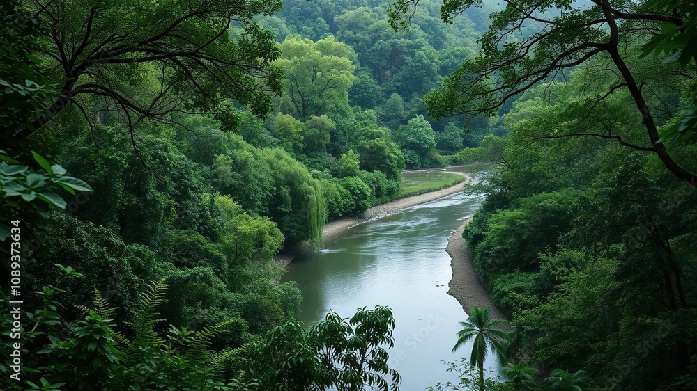 dense foliage envelops a serene river bend, vibrant blooms, forest floor dense foliage envelops a serene river bend, vibrant blooms, forest floor