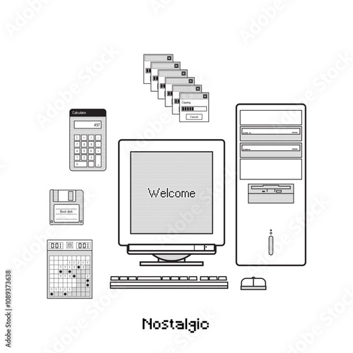 80s-90s PC retro, nostalgia vector flat design,  half tone,
