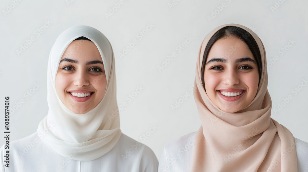 Smiling young women in hijabs with friendly expressions posing together Smiling young women in hijabs with friendly expressions posing together