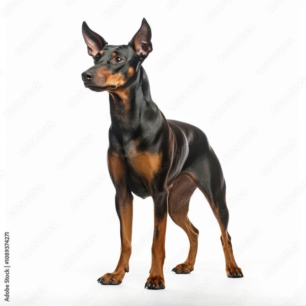 A doberman pinscher stands proudly in front of a plain white background A doberman pinscher stands proudly in front of a plain white background