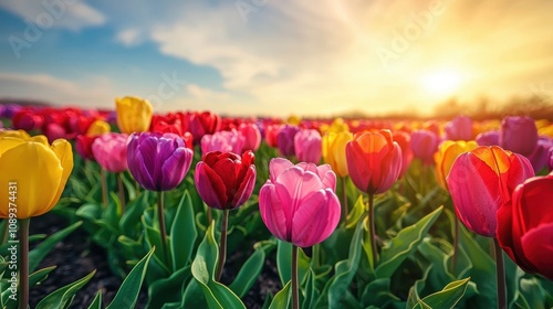 A colorful tulip field stretching across rolling hills under a bright spring sky. The neatly arranged rows of flowers create a vibrant patchwork of color. The fresh, blooming landscape feels 