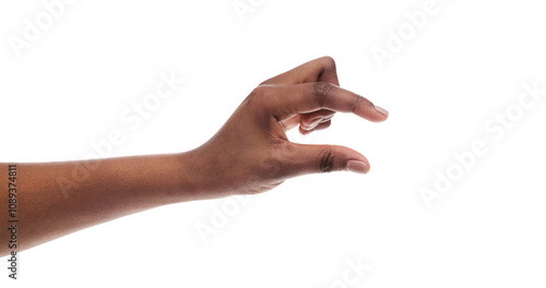 Photos Black female hand showing small amount of something, measuring invisible items, isolated on white background