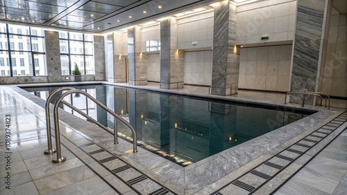 detailed view of liquid metal pool surrounded by marble and aluminium chrome accents in a futuristic environment, chrome accents, high-tech production, modern manufacturi photo