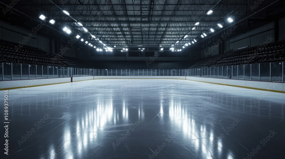 An empty rink with clear, fresh ice reflecting arena lights and darkened bleachers, awaiting players. An empty rink with clear, fresh ice reflecting arena lights and darkened bleachers, awaiting players.