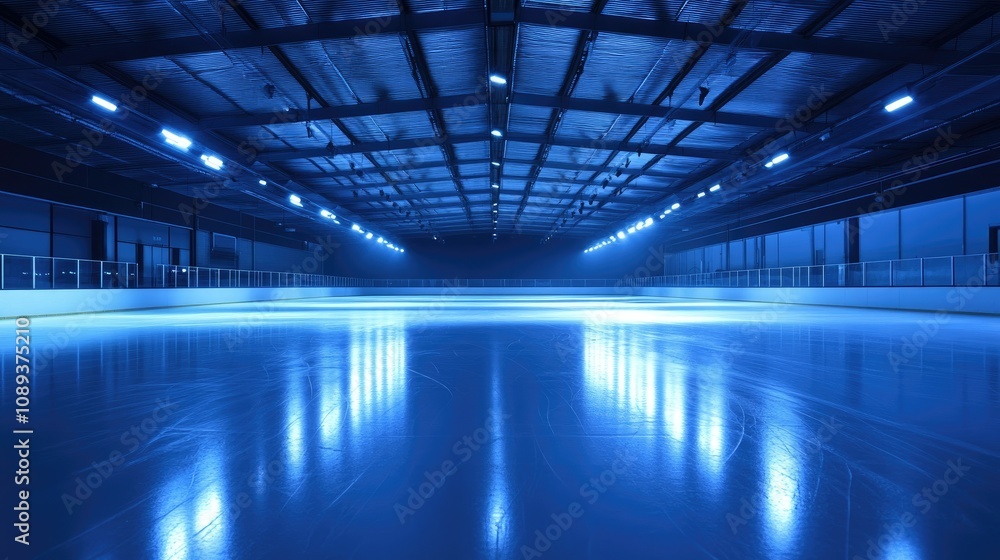 An empty skating rink illuminated with blue and white lights, with smooth ice ready for skaters. An empty skating rink illuminated with blue and white lights, with smooth ice ready for skaters.