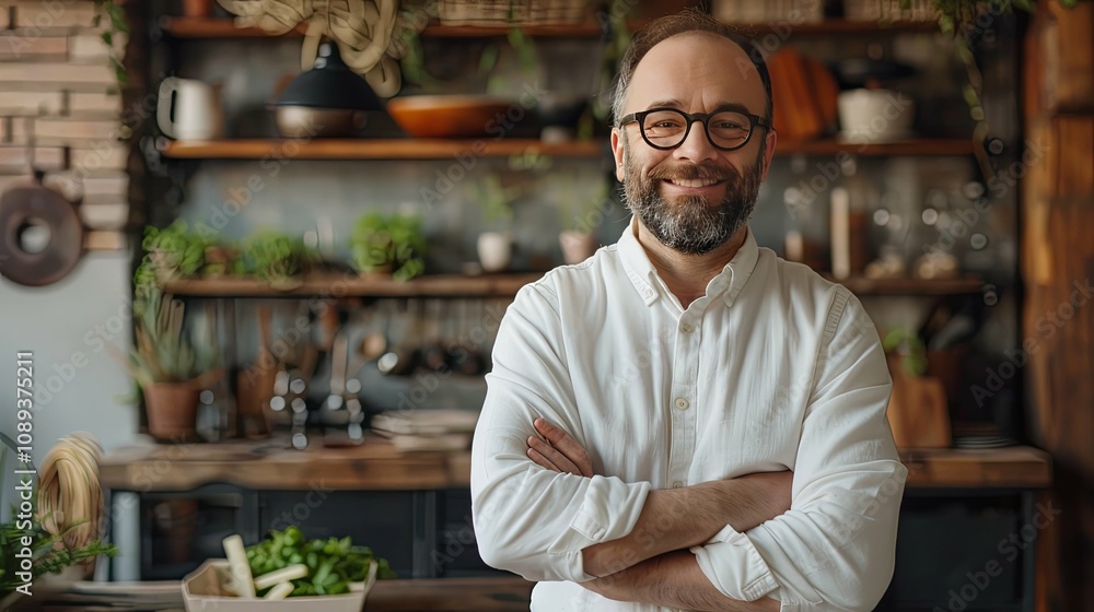 Smiling man with arms crossed, standing in a rustic kitchen. Smiling man with arms crossed, standing in a rustic kitchen.