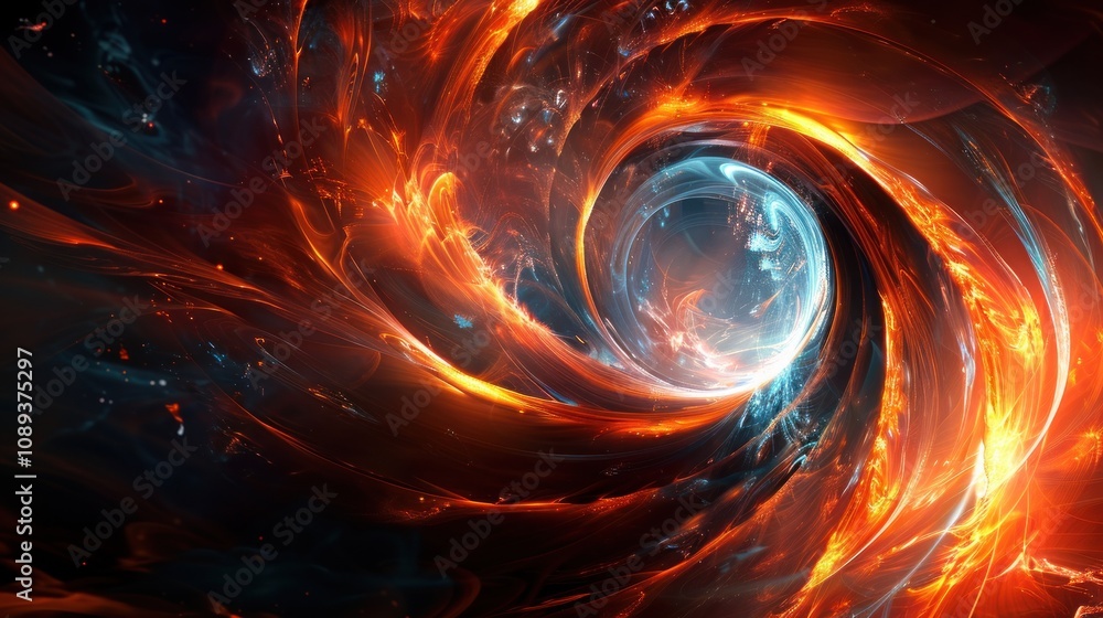 Fiery vortex swirling around a glowing orb. Fiery vortex swirling around a glowing orb.
