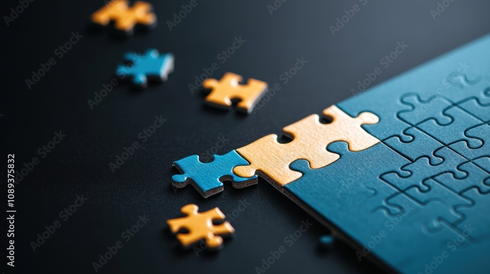 Fototapeta premium A puzzle with pieces coming together, symbolizing the importance of collaboration, different perspectives, and individual contributions to solving complex problems.