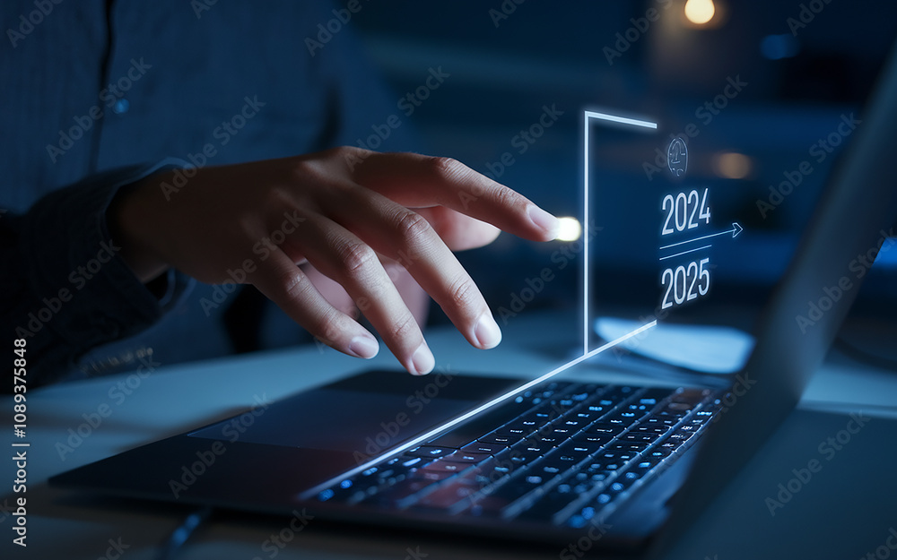 Digital Transition to 2025,a hand interacting with a holographic interface on a laptop, symbolizing innovation, planning, and digital transformation for the years 2024 to 2025 Digital Transition to 2025,a hand interacting with a holographic interface on a laptop, symbolizing innovation, planning, and digital transformation for the years 2024 to 2025