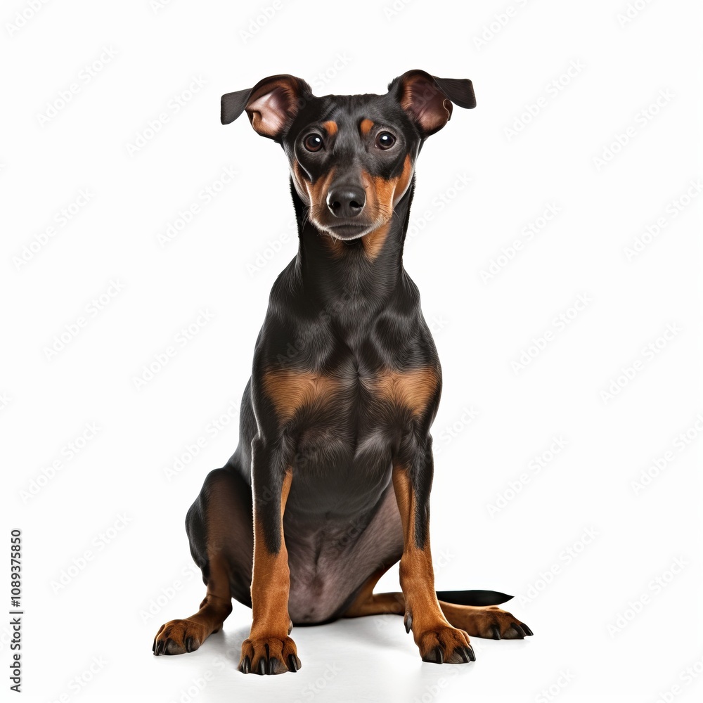 A doberman pinscher stands proudly in front of a plain white background A doberman pinscher stands proudly in front of a plain white background