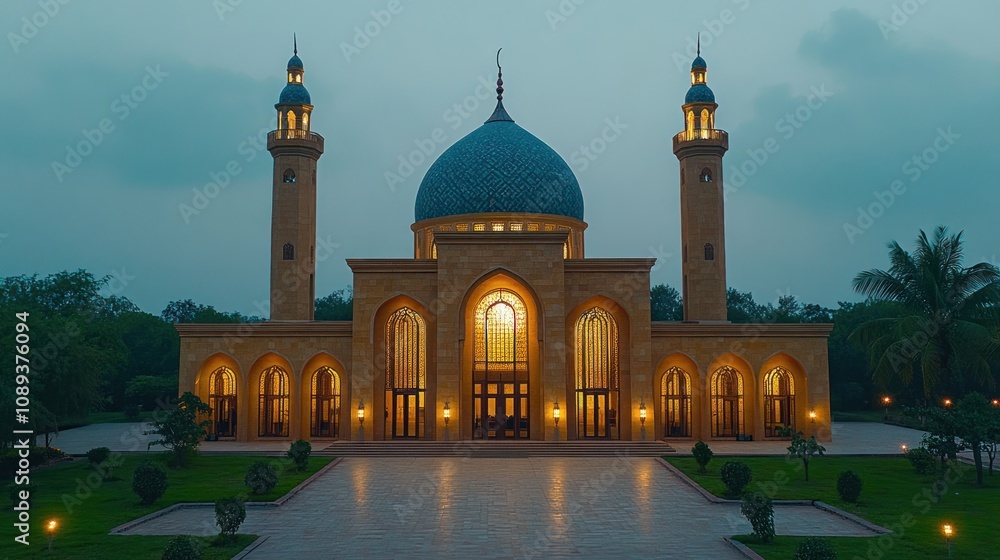 Fototapeta premium Illuminated mosque at dusk, architectural detail.