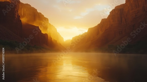 A peaceful canyon lit by the golden light of a rising sun, with steep red rock walls and a winding river below. The soft mist hanging in the air adds depth and mystery to the dramatic landscape.  photo