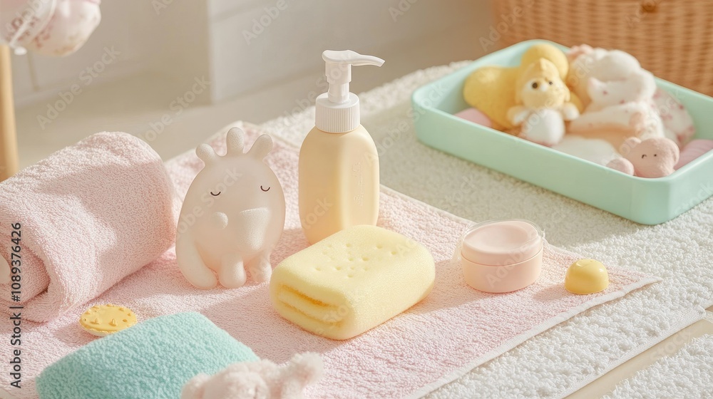 Assortment of baby bathing essentials gentle baby soap, sponge, washcloth, and lotion on a pastel towel.