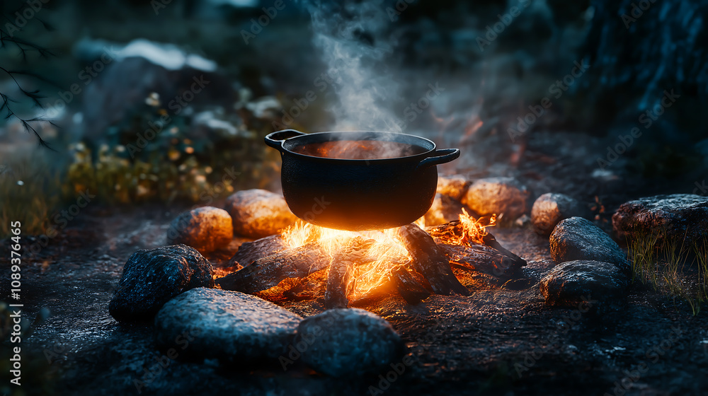 Cooking over a campfire using a cast iron pot with smoke rising as the fire beneath in outdoors. Camping and cooking concept Cooking over a campfire using a cast iron pot with smoke rising as the fire beneath in outdoors. Camping and cooking concept
