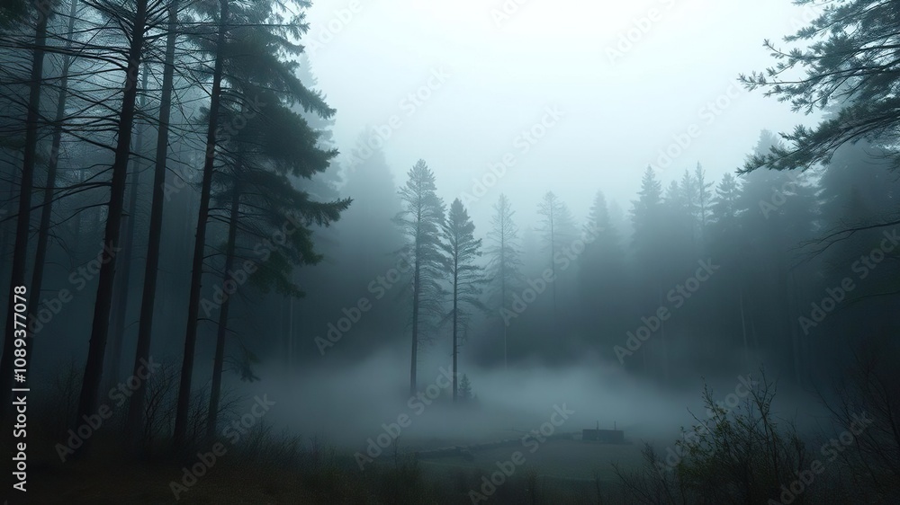 Eerie silence falls on the forest as fog shrouds the landscape in an impenetrable veil, dark, mystery Eerie silence falls on the forest as fog shrouds the landscape in an impenetrable veil, dark, mystery