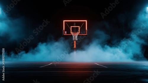 Illuminated basketball hoop with net in an outdoor basketball court surrounded by fog and dramatic lighting at night photo