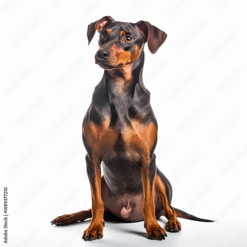 A doberman pinscher stands proudly in front of a plain white background A doberman pinscher stands proudly in front of a plain white background