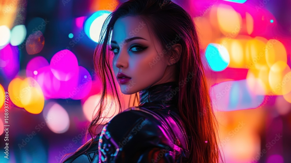 A stylish woman poses against a vibrant, colorful urban backdrop with blurred lights. A stylish woman poses against a vibrant, colorful urban backdrop with blurred lights.