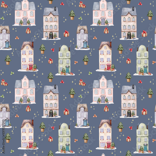 Seamless pattern with European traditional houses on blue background. Christmas, winter, new year. Snow-covered city buildings decorated for the holiday. Hand drawn watercolor illustration.