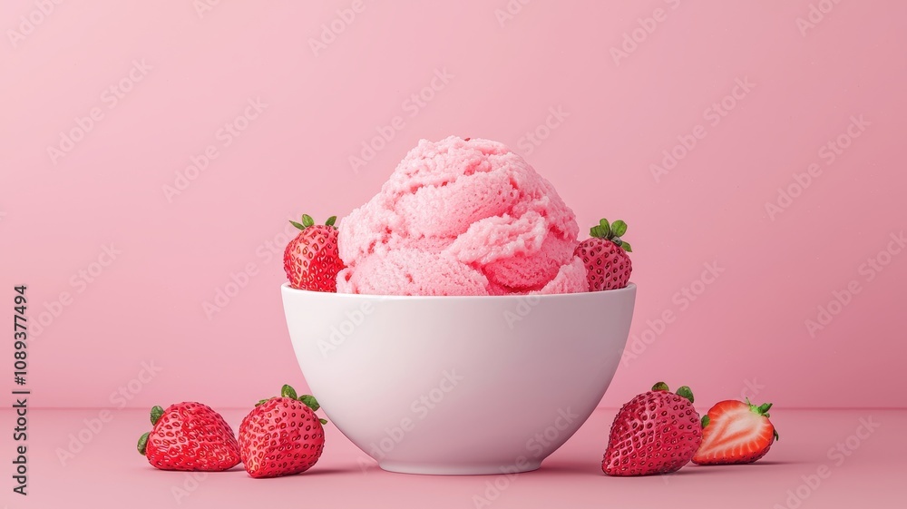 A bowl of pink strawberry ice cream surrounded by fresh strawberries, set against a soft pink background. A bowl of pink strawberry ice cream surrounded by fresh strawberries, set against a soft pink background.