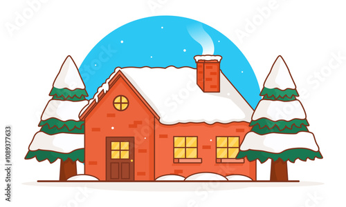 Winter House - A brick house with a snow-covered roof sits between two snow-covered pine trees. Smoke billows from the chimney. Flat Cartoon Style Suitable for Web Landing Page, Banner, Flyer, Sticker