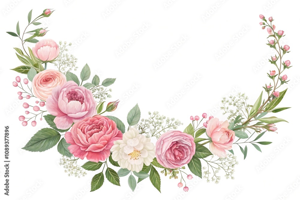 Elegant floral garland with roses peonies and baby's breath, elegant wedding, peony, classic design Elegant floral garland with roses peonies and baby's breath, elegant wedding, peony, classic design