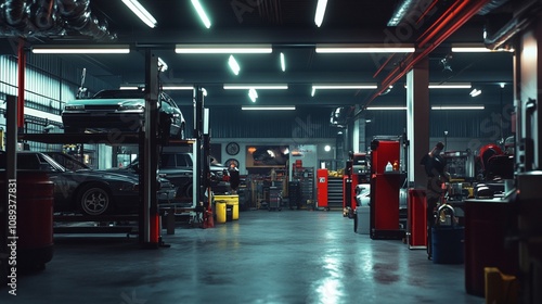 Modern Automotive Repair Workshop with Vehicles on Lifts photo