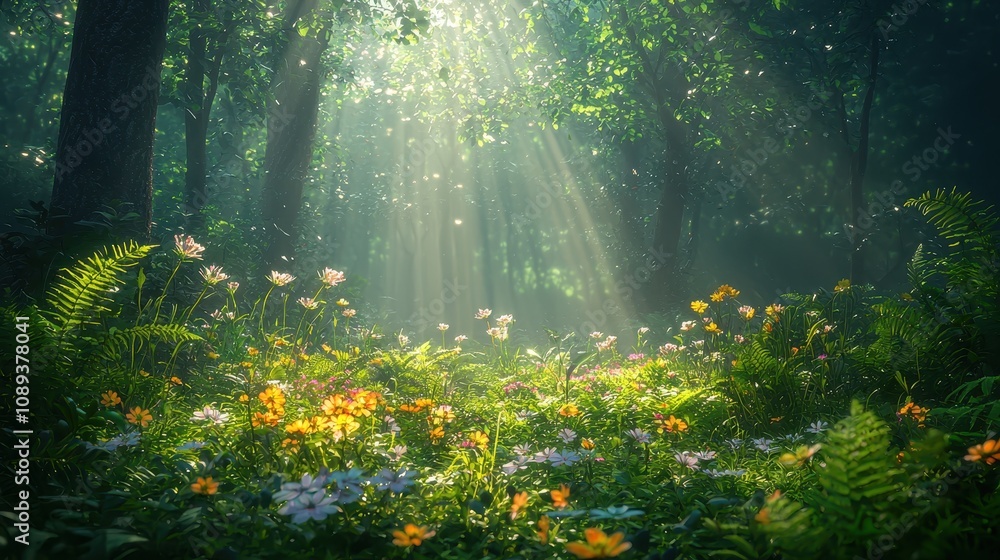 A quiet forest clearing illuminated by soft dappled sunlight breaking through the tall canopy. Wildflowers and ferns carpet the ground, creating a lush and inviting atmosphere. The scene feels A quiet forest clearing illuminated by soft dappled sunlight breaking through the tall canopy. Wildflowers and ferns carpet the ground, creating a lush and inviting atmosphere. The scene feels