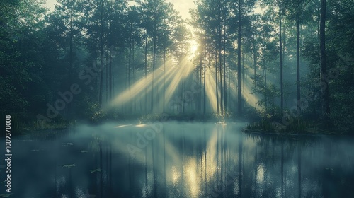 Wallpaper Mural A quiet forest at dawn with mist rolling gently over a still pond surrounded by tall trees. Rays of sunlight break through the fog, creating golden streaks of light. The ethereal atmosphere  Torontodigital.ca