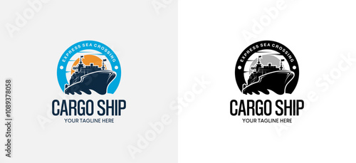 Freight shipping ship logo design template, logistics ship logo, delivery express cargo ship