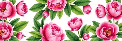 Elegant floral pattern featuring large pink peony blooms and lush green leaves on a crisp white background, garden flowers, green foliage