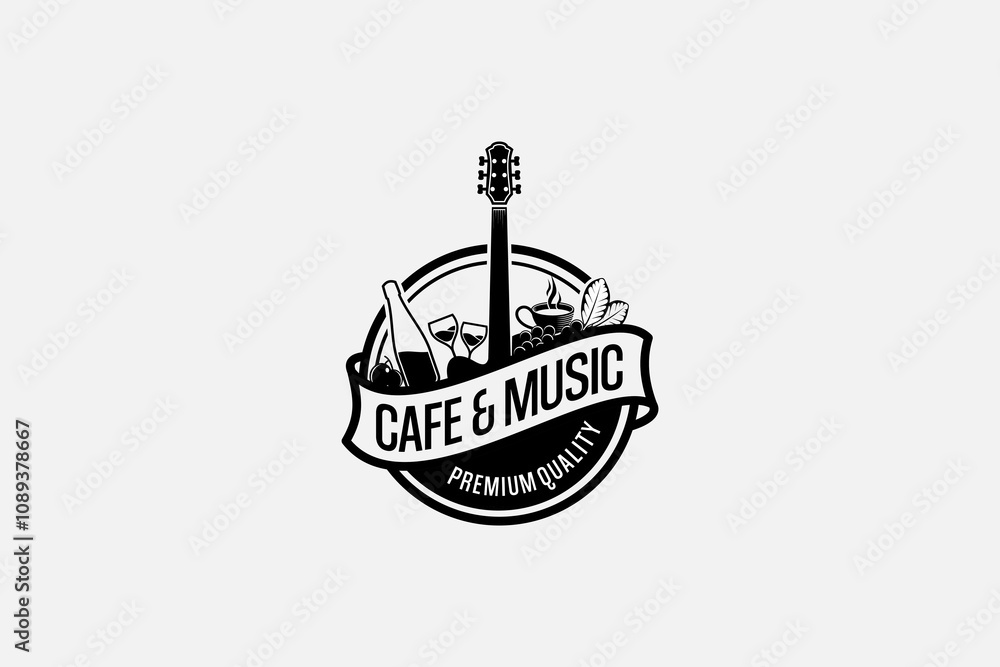 Obraz premium Vintage music bar cafe logo template, coffee and wine guitar logo vector silhouette