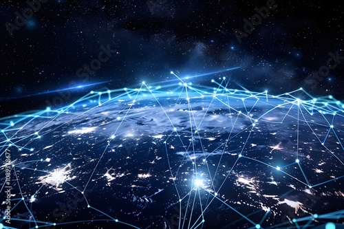 High-resolution image of planet Earth surrounded by an intricate web of digital connections symbolizing global networks, captured in high definition. photo