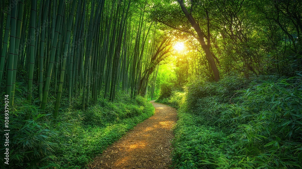A serene bamboo forest with towering green stalks and soft sunlight filtering through the leaves. A narrow dirt path winds through the dense greenery, inviting peaceful exploration. The atmosphere A serene bamboo forest with towering green stalks and soft sunlight filtering through the leaves. A narrow dirt path winds through the dense greenery, inviting peaceful exploration. The atmosphere