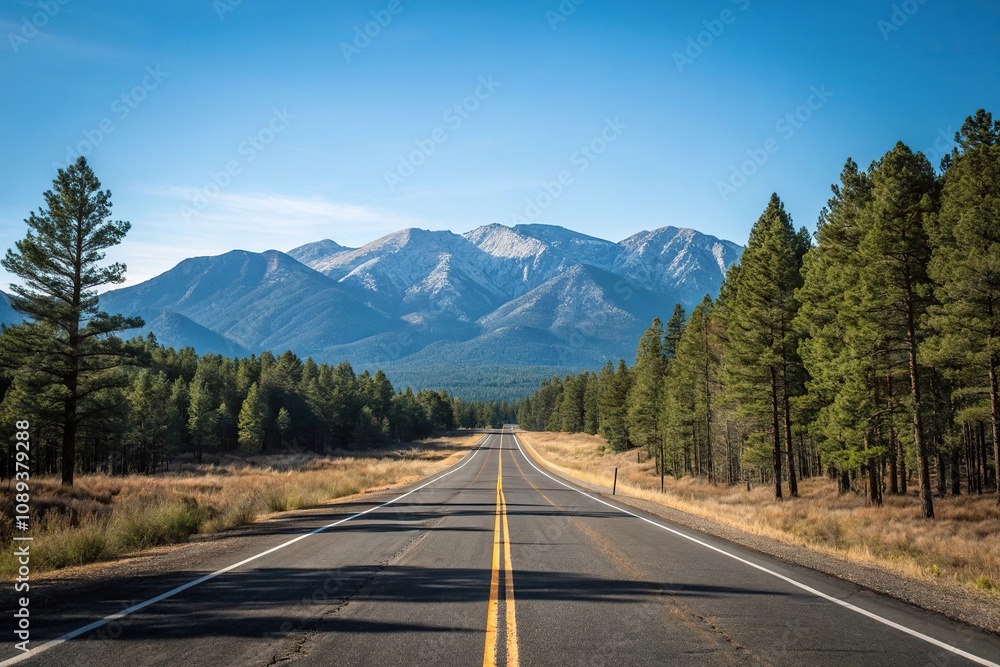 Empty stretch of asphalt road running parallel to a mountain range with a clear blue sky above and pine trees in the foreground, mountain view, natural landscape, empty highway Empty stretch of asphalt road running parallel to a mountain range with a clear blue sky above and pine trees in the foreground, mountain view, natural landscape, empty highway
