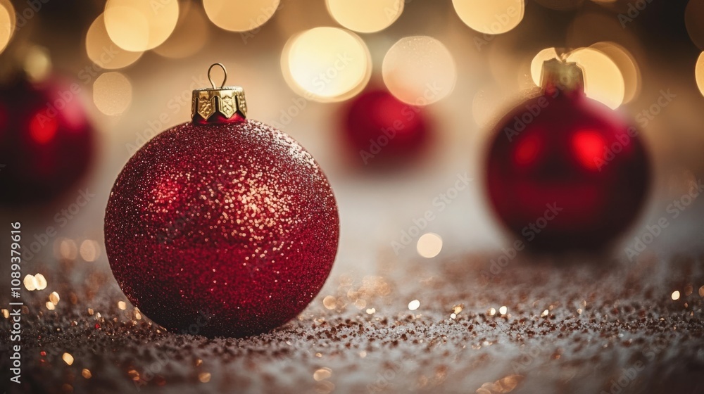 Sparkling Red Christmas Ornament with Blurred Festive Background Sparkling Red Christmas Ornament with Blurred Festive Background