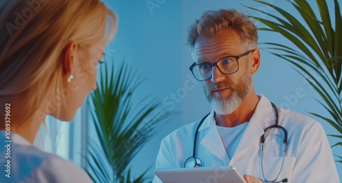 Happy patient consulting with a cheerful doctor using a tablet modern medical setting highlighting communication and professionalism photo