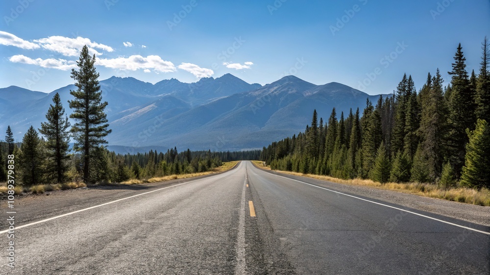Empty stretch of asphalt road running parallel to a mountain range with a clear blue sky above and pine trees in the foreground, road to nowhere, vast open space Empty stretch of asphalt road running parallel to a mountain range with a clear blue sky above and pine trees in the foreground, road to nowhere, vast open space
