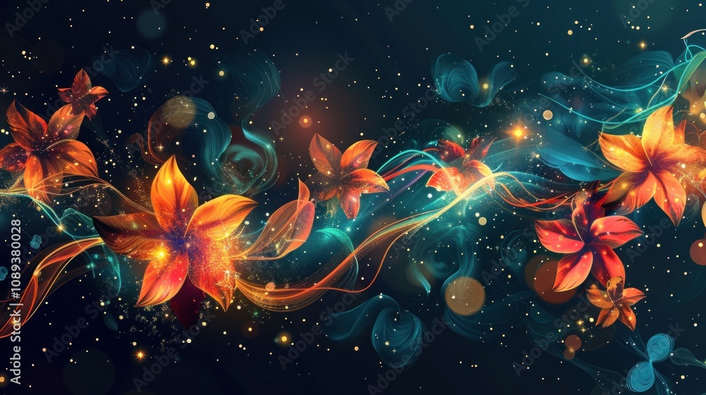Glowing orange flowers and teal smoke swirl. Glowing orange flowers and teal smoke swirl.