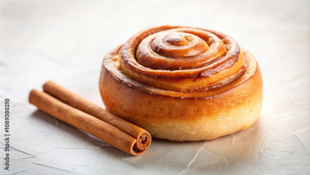 Fototapeta premium A golden brown cinnamon roll with a sprinkle of powdered sugar and a cinnamon stick nearby.