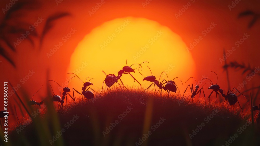 Fototapeta premium Silhouettes of ants on a grassy hill against a fiery sunset.