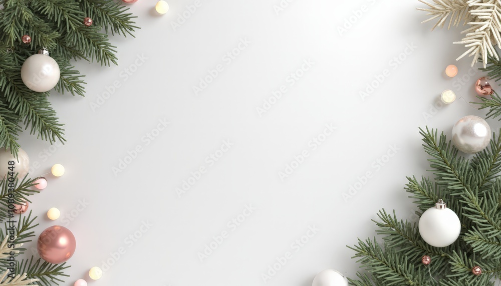 Decorative Christmas Border with Pine Branches and Red Ornaments with Blank Copy Space for Text Decorative Christmas Border with Pine Branches and Red Ornaments with Blank Copy Space for Text