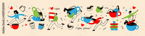 People enjoying coffee. Woman holding takeaway mugs, paper cups. Characters drinking hot morning beverages, americano, cappuccino to go, in trendy retro style.