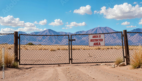 Area 51 gate with warning sign and mountains under clear skies