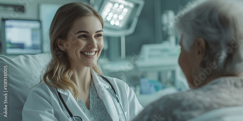 Inspiring Caucasian female doctor in lab coat, examining a senior patient in a hospital setting, reassuring her with a comforting smile.