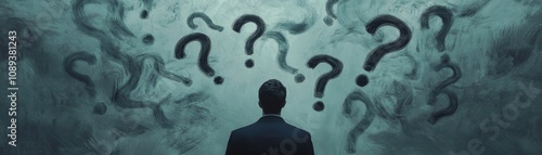 A Man Confronted by a Wall of Questions, Digital Art, Abstract, Question Mark, Mystery, Uncertainty