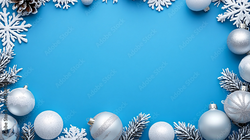 Bright blue background adorned with white and silver Christmas ornaments, perfect for holiday cards, seasonal advertisements, and festive presentations. Bright blue background adorned with white and silver Christmas ornaments, perfect for holiday cards, seasonal advertisements, and festive presentations.